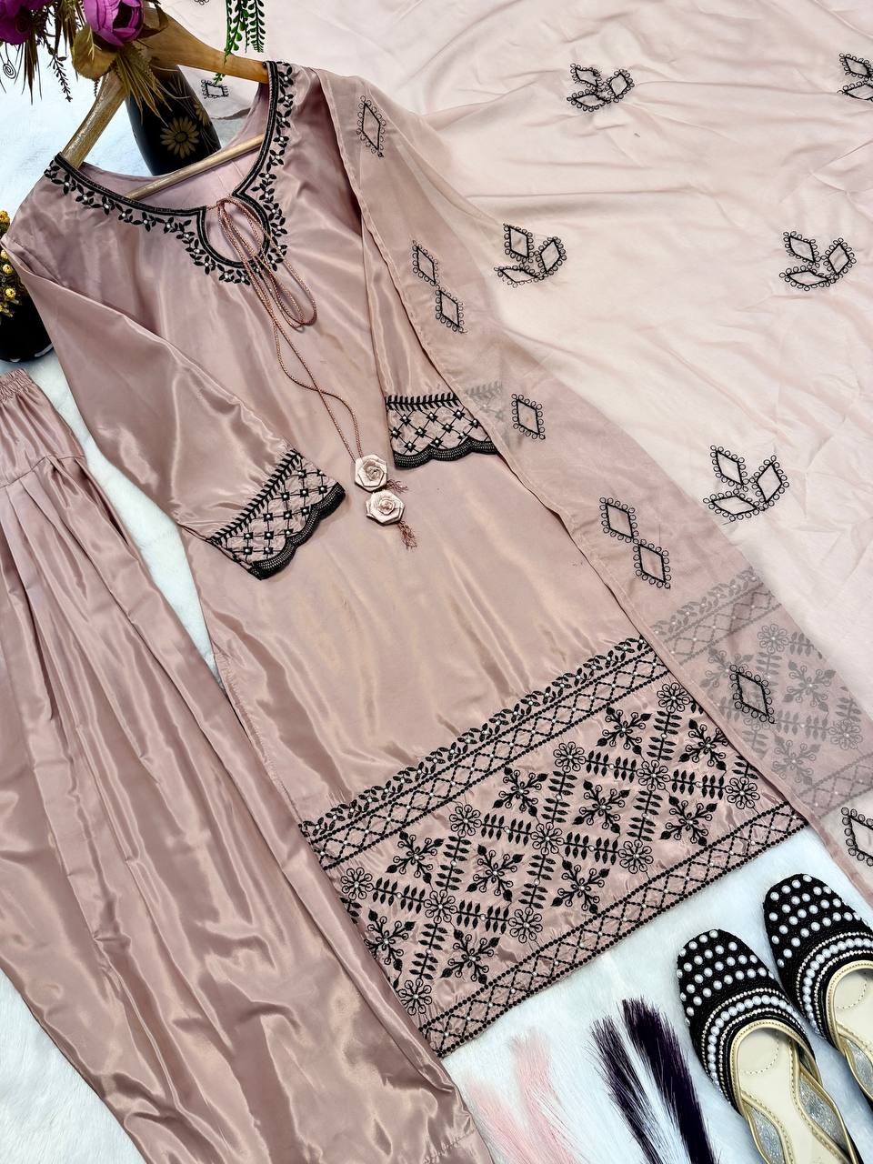 Luxe Taupe & Noir Silk Ensemble